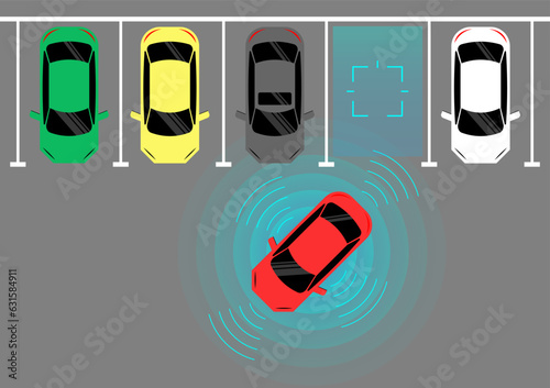 Smart Car with Remote Sensing and Sensor Parking System. Driverless or Autonomous Car. Smart Car Parking Sensor. Vector Illustration.  