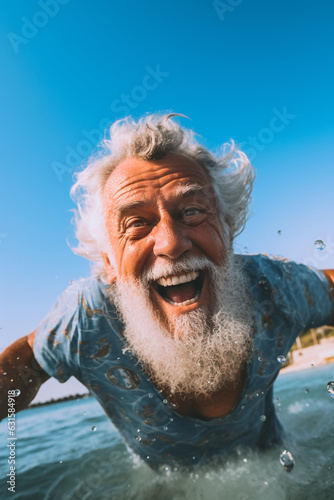 old man with gray hair, grandpa, swimming and splashing in the sea, water, joyful smiling face, happy and fun on vacation. Retirement planning. High quality photo © Starmarpro