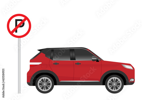 No Parking Area. Car Parked in No Parking Area or Prohibited Area. Car Break the Rule in Prohibited Area. Traffic rules. Vector Illustration. 