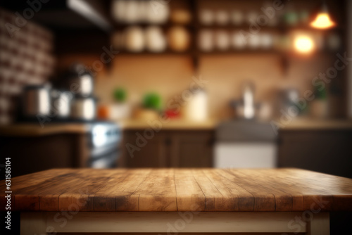 Table top on defocused kitchen background. Ai generative illustration