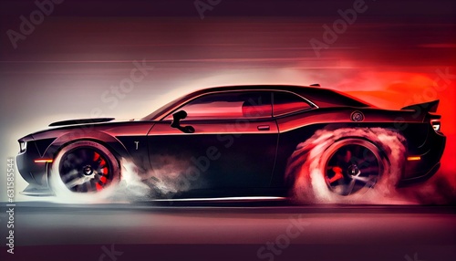 the sports car on the road. Captures the excitement and energy of a car with a fast shutter speed  using bold and vibrant colors. Generative in ai