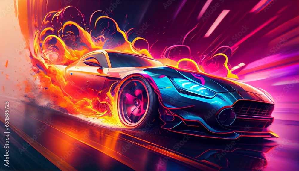 the sports car on the road. Captures the excitement and energy of a car with a fast shutter speed, using bold and vibrant colors. Generative in ai