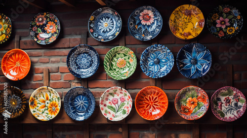 upcycled ceramic plates, painted with intricate floral patterns, hanging on a rustic wall, detailed oil painting style, rich and vibrant colors
