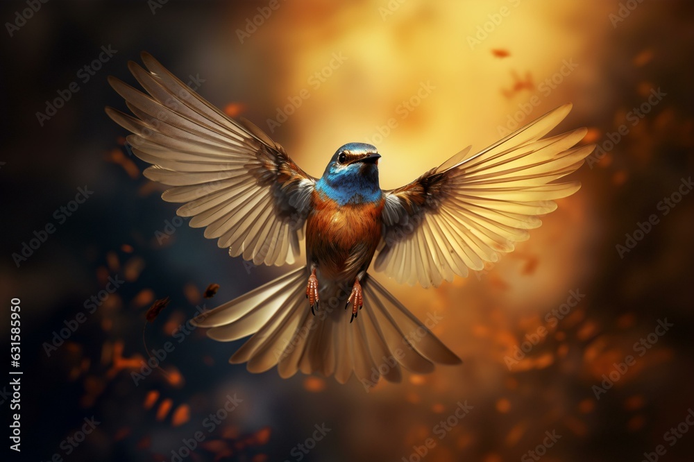 Macro Shot of Flying Bird with Opened Wings, Generative AI