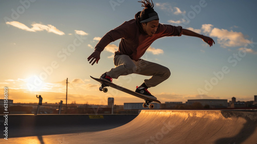 a man on a skateboard, mid - jump in a concrete city skatepark, graffiti walls, late afternoon sun, intense focus