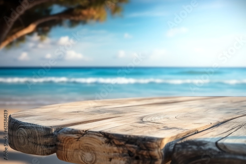 Empty wooden table with beach background made with Generative AI © weiss_owl