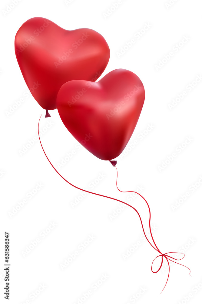 Two red balloons in the form of hearts fly embracing, tied with ropes. Two hearts isolated on transparent  background. Illustration. png