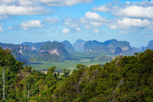 Limestone karst cliffs seen from the hilltop pagoda of the Wat Tham Suea, the Tiger Cave Temple of Krabi in the south of Thailand © Alexandre ROSA