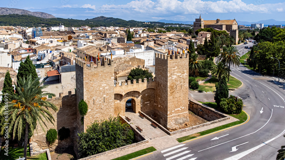 Aerial view of the gate of San Sebastian in the walls of the medieval city of Alcudia on the Balearic island of Majorca (Spain) in the Mediterranean Sea