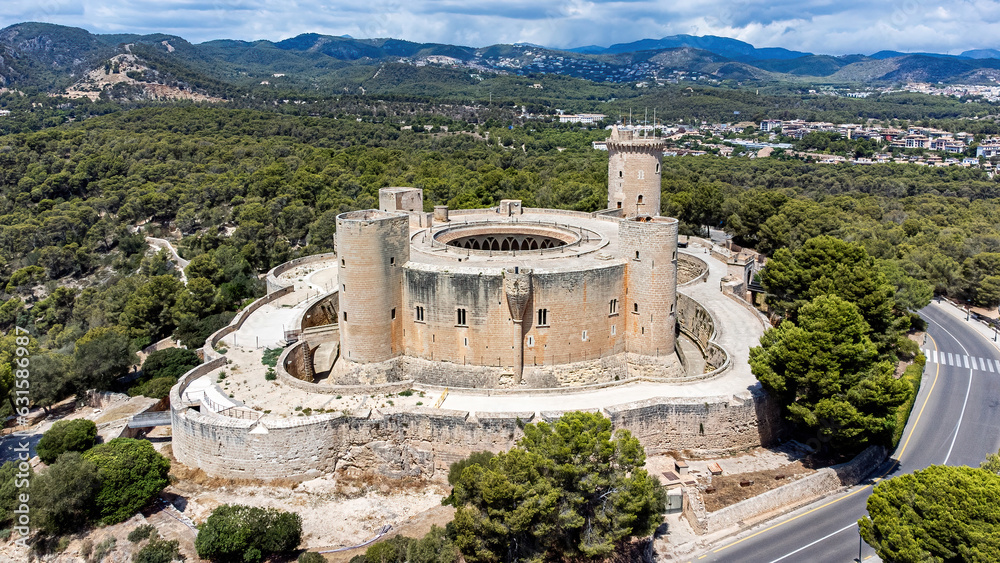 Aerial view of the Castell de Bellver (Bellver Castle), a gothic-style castle built in the 14th century on a hill overlooking Palma on the Balearic island of Majorca (Spain) in the Mediterranean Sea