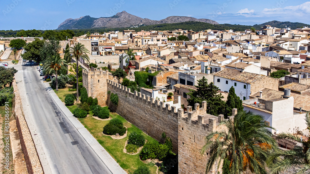 Aerial view of the medieval ramparts of the fortified city of Alcudia on the Balearic island of Majorca (Spain) in the Mediterranean Sea