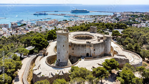 Aerial view of the Castell de Bellver (Bellver Castle), a gothic-style castle built in the 14th century on a hill overlooking Palma on the Balearic island of Majorca (Spain) in the Mediterranean Sea photo