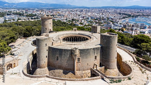 Aerial view of the Castell de Bellver (Bellver Castle), a gothic-style castle built in the 14th century on a hill overlooking Palma on the Balearic island of Majorca (Spain) in the Mediterranean Sea photo
