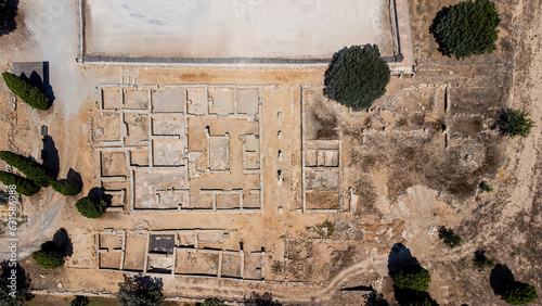 Top aerial view of the remains of the roman city of Pollentia on the Balearic island of Majorca (Spain) in the Mediterranean Sea photo