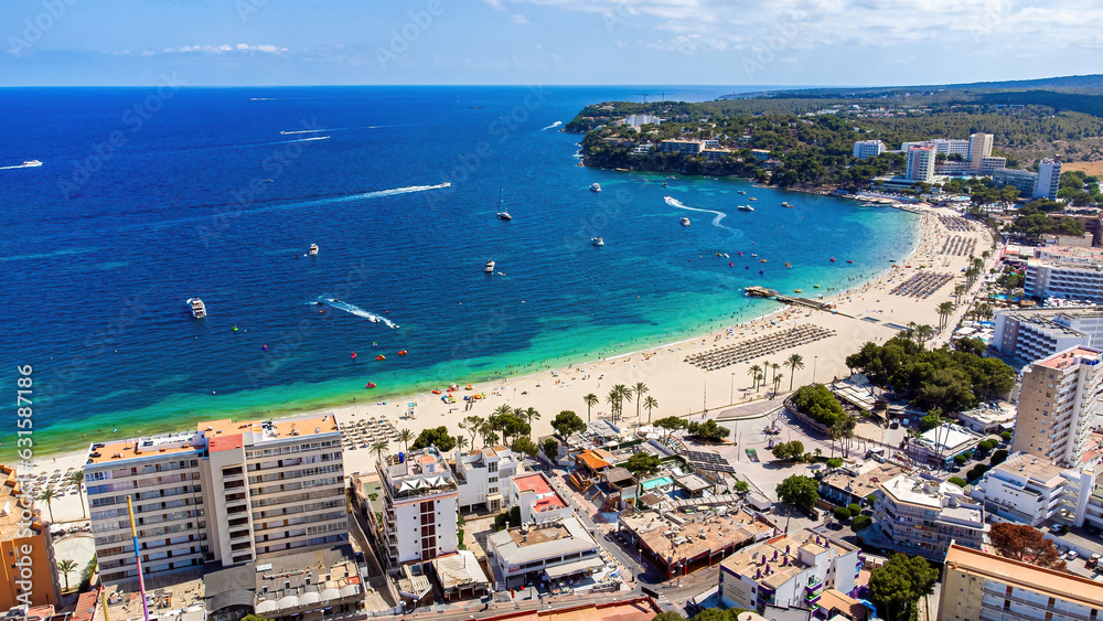 Aerial view of the beach of Magaluf, a seaside resort town on Majorca in the Balearic Islands, Spain