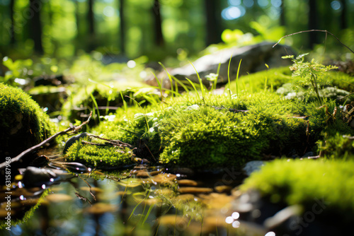 A close-up shot of moss-covered rocks reflected in a tranquil pond, creating a serene and harmonious composition