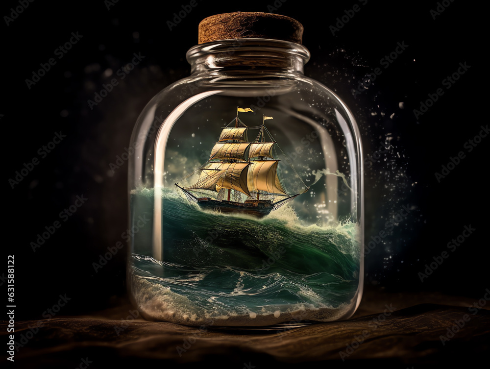 Ship inside of a bottle on the ocean Ship inside of a bottle on the ocean