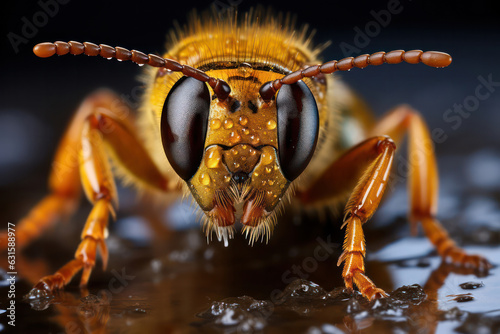 A bee exploring the intricate patterns on a yellow daffodil, showcasing the bee's curiosity and the flower's intricate design