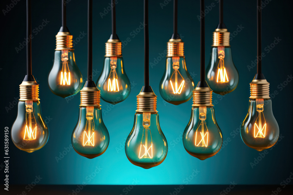 Obraz premium An industrial-themed composition showcasing a group of light bulbs suspended at different heights, casting a cascade of light and shadows, creating a captivating visual display