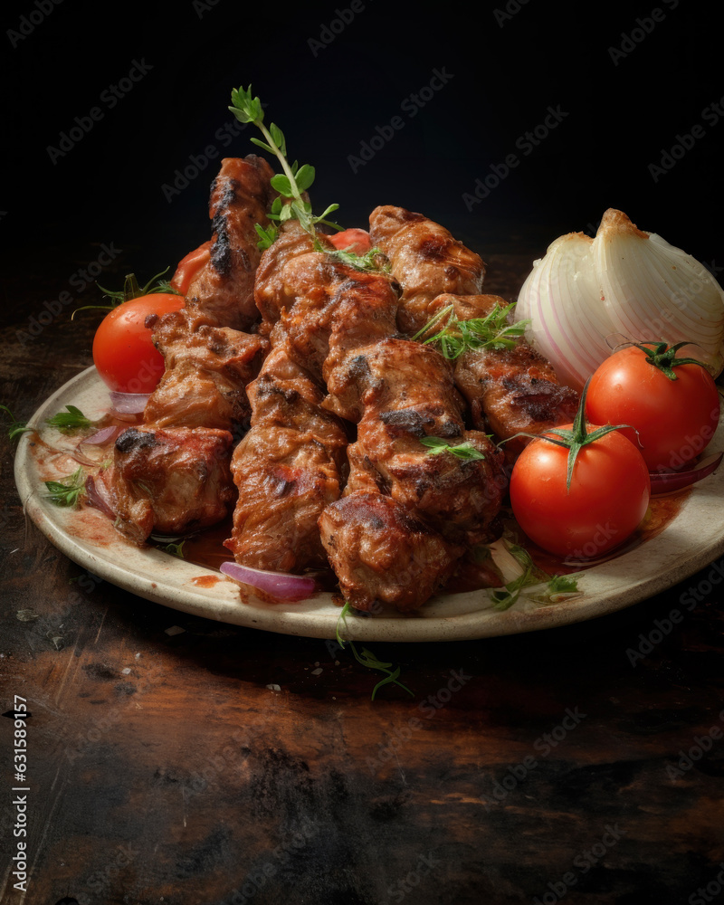 Generated photorealistic image of an appetizing pork skewers on a plate with tomatoes Generated photorealistic image of an appetizing pork skewers on a plate with tomatoes