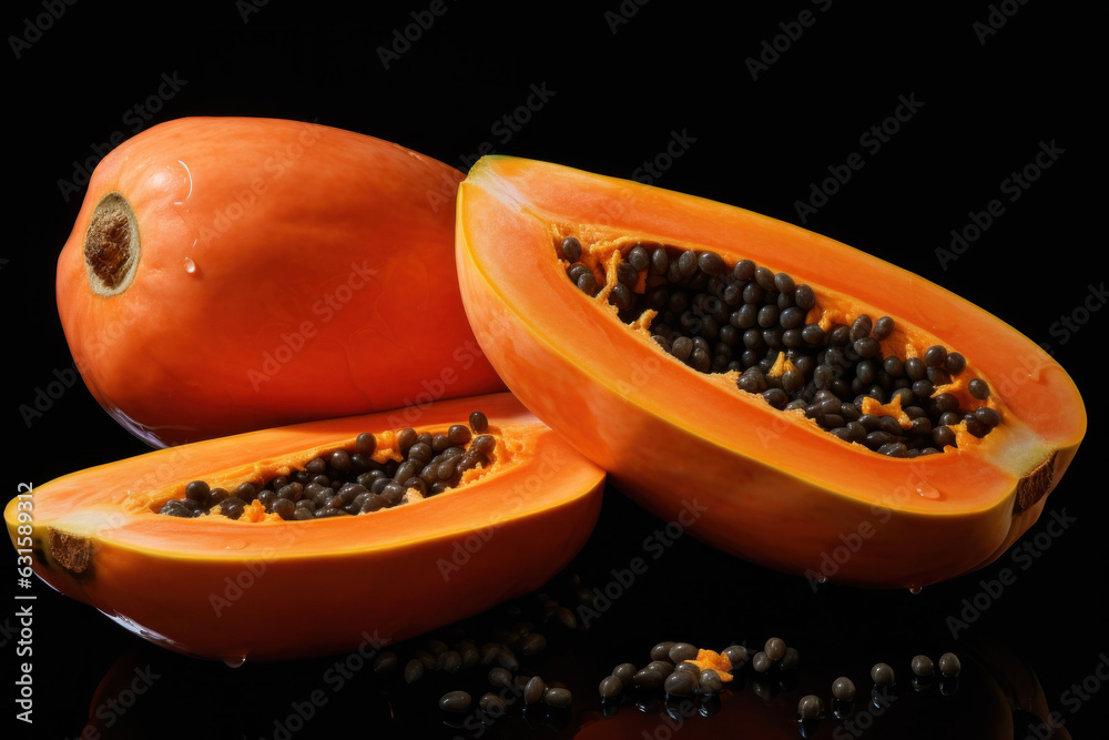 Generated photorealistic image of a ripe orange papaya cut lengthwise on a black background Generated photorealistic image of a ripe orange papaya cut lengthwise on a black background