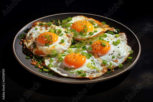 Generated photorealistic image of a morning scrambled eggs of four eggs and green onions