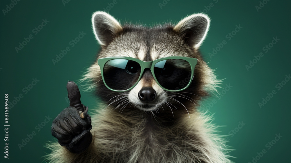 Funny raccoon in green sunglasses