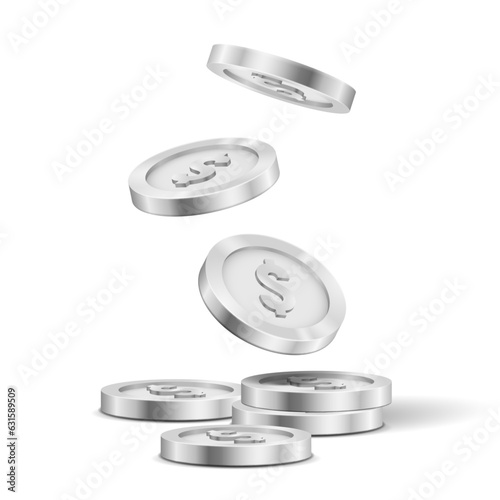 Falling silver coins. Money isolated on a white background. Vector illustration.