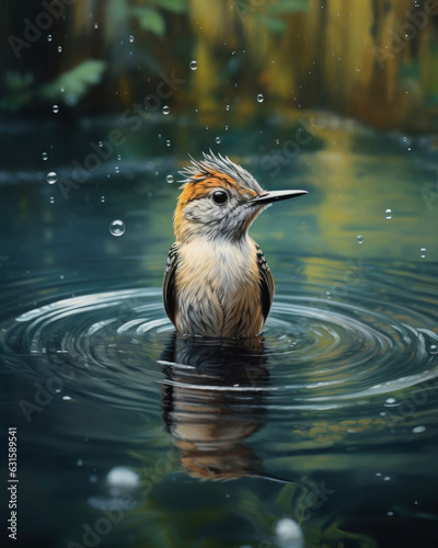Small bright songbird near the water