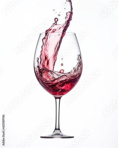 Generated photorealistic image of a glass with red wine being poured into it on a white background