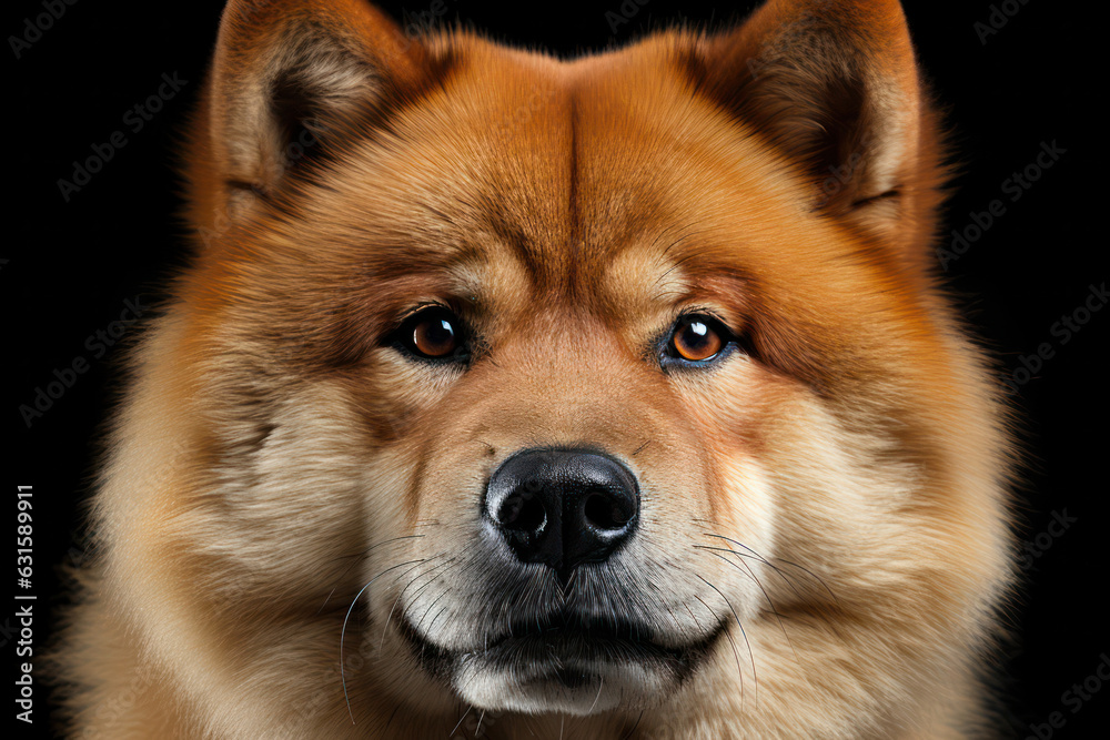 A gentle portrait of a fluffy Chow Chow with a dark coat against a black background, showcasing the dog's regal demeanor and soft fur