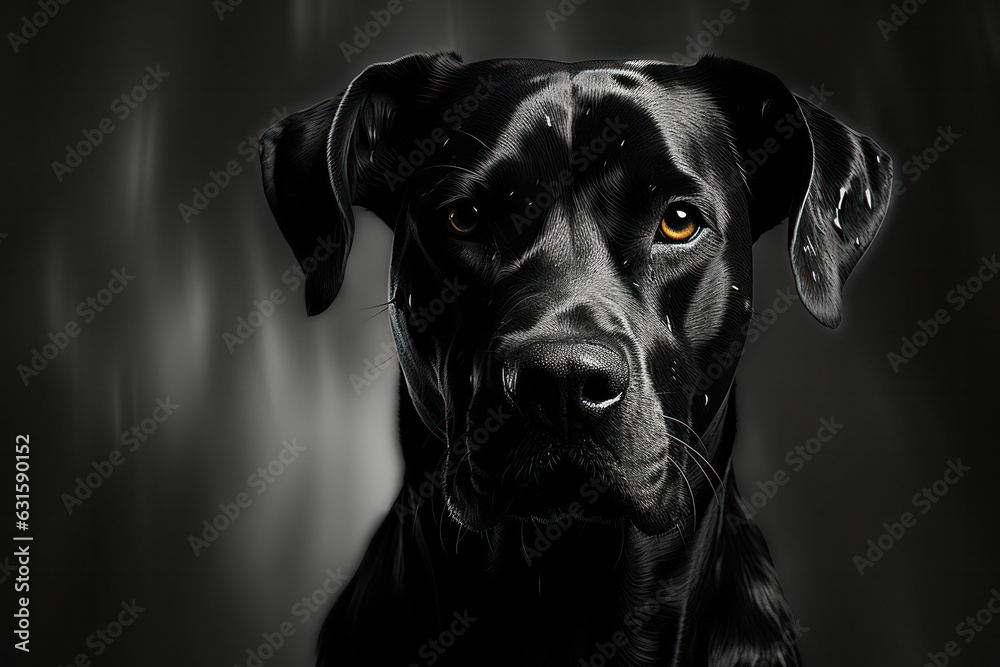 A striking portrait of a regal Great Dane against a black backdrop, highlighting the dog's elegance and gentle nature
