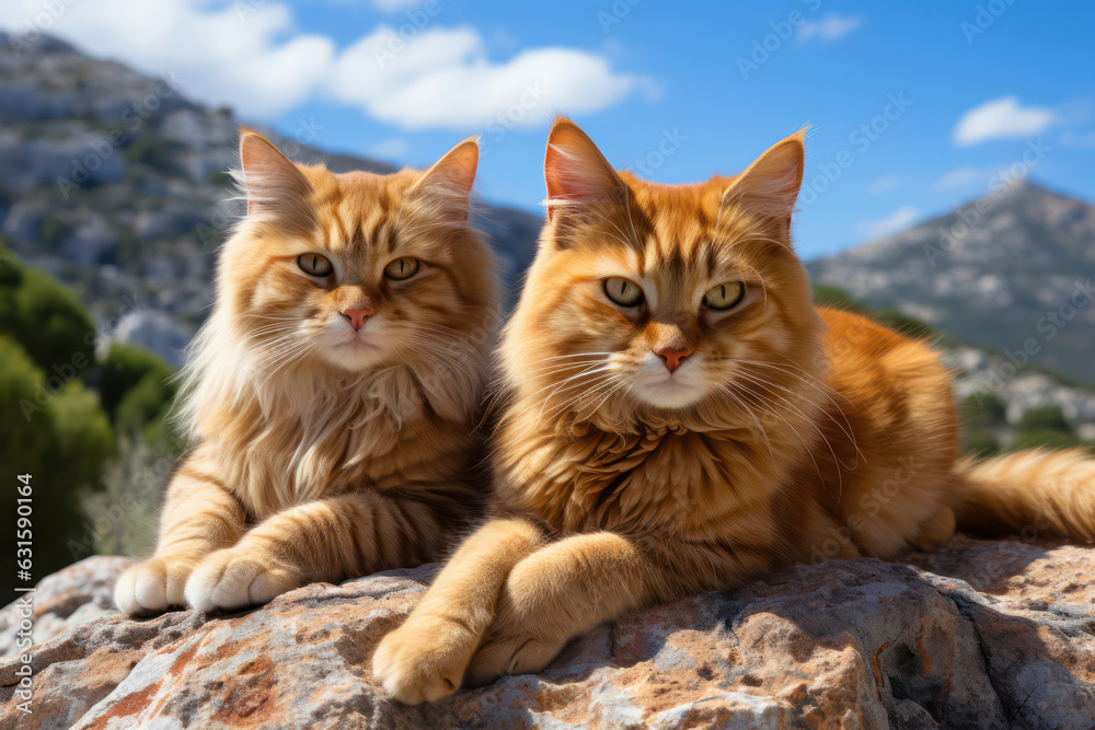 A stunning portrait of a cat and a dog perched on a rocky outcrop overlooking a majestic mountain range, with a clear blue sky above, signifying their shared appreciation for the grandeur of nature