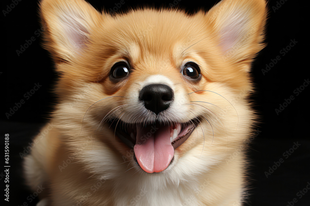 An endearing close-up of a curious Corgi against a black background, showcasing the dog's expressive eyes and iconic short legs
