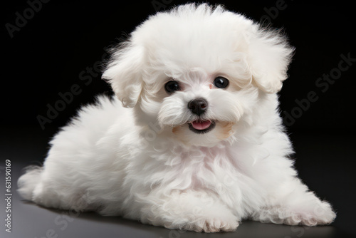 A tender portrait of a gentle Bichon Frise against a solid black background, showcasing the dog's fluffy white fur and loving expression