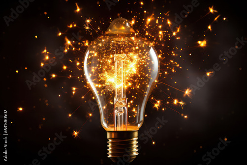 An explosive moment frozen in time as a light bulb bursts, showcasing the intricate filaments and electrical discharges against a pitch-black background, representing innovation and discovery