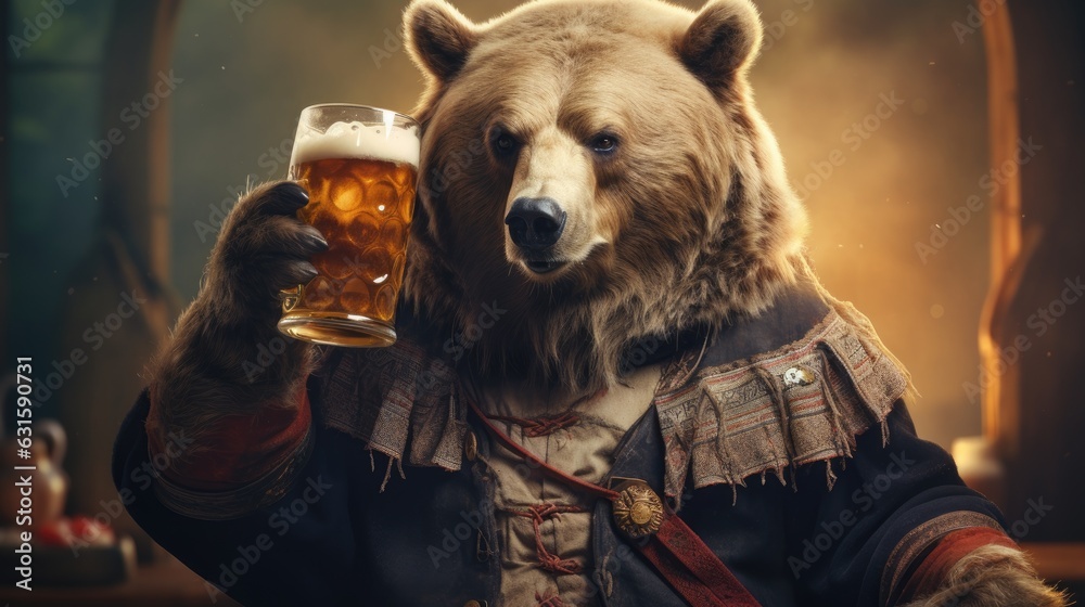 Bear in traditional Bavarian costume holding a large beer mug for Oktoberfest celebration. Generative AI