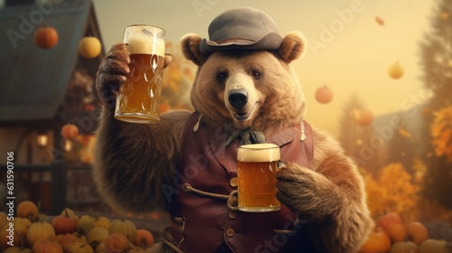 Bear in traditional Bavarian costume holding a large beer mug for Oktoberfest celebration. Generative AI