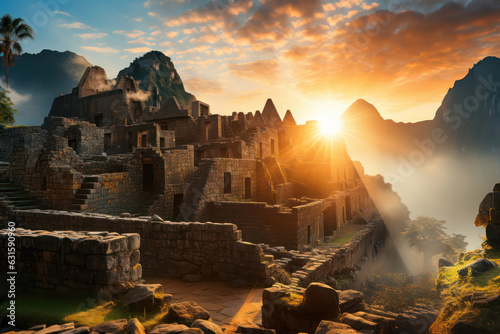 A majestic shot of the ancient ruins of Machu Picchu in Peru, shrouded in mist, with the rugged Andes Mountains as a backdrop, revealing the awe-inspiring remnants of an ancient civilization | ACTORS:
