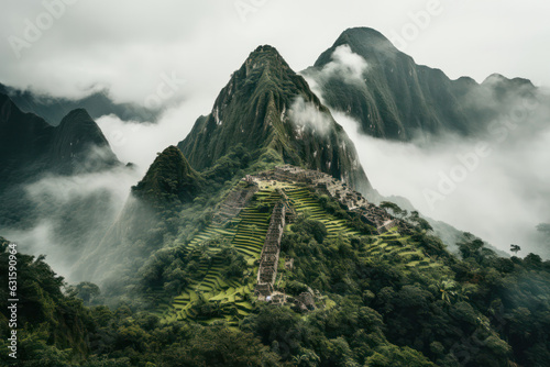 A majestic shot of the ancient ruins of Machu Picchu in Peru, shrouded in mist, with the rugged Andes Mountains as a backdrop, revealing the awe-inspiring remnants of an ancient civilization | ACTORS: