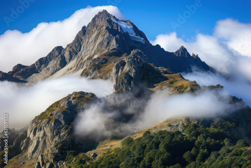 An awe-inspiring shot of a soaring mountain peak, piercing through a layer of fluffy white clouds, showcasing the majesty and grandeur of the alpine landscape | ACTORS: None | LOCATION TYPE: Mountain