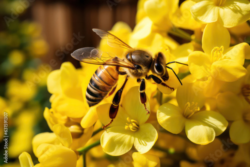 A bumblebee industriously collecting pollen from a blossom, its legs covered in yellow grains, exemplifying the tireless work of these vital pollinators | ACTORS: Bumblebee | LOCATION TYPE: Meadow | C
