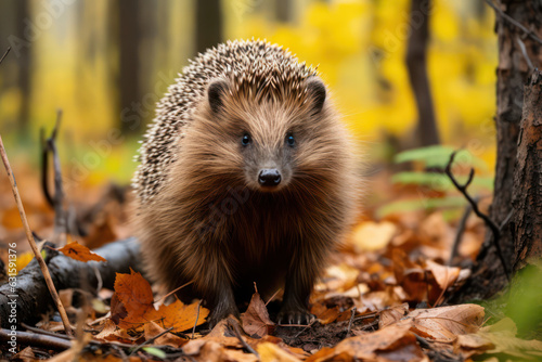 A hedgehog standing on its hind legs, its inquisitive expression directed towards a buzzing bee, capturing a moment of curiosity and wildlife interaction | ACTORS: Hedgehog | LOCATION TYPE: Forest | C