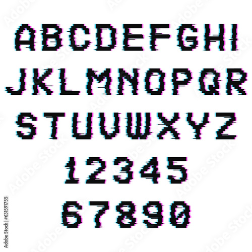 Font with glitch effect. Distortion letters and numbers. Vector illustration.