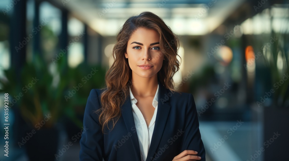 Young smiling professional caucasian woman standing in the office and looking at camera Young smiling professional caucasian woman standing in the office and looking at camera