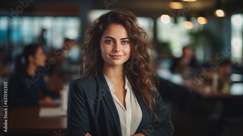 Young smiling professional caucasian woman standing in the office and looking at camera