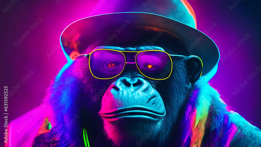 Neon portrait of gorilla rapper, gangsta monkey character