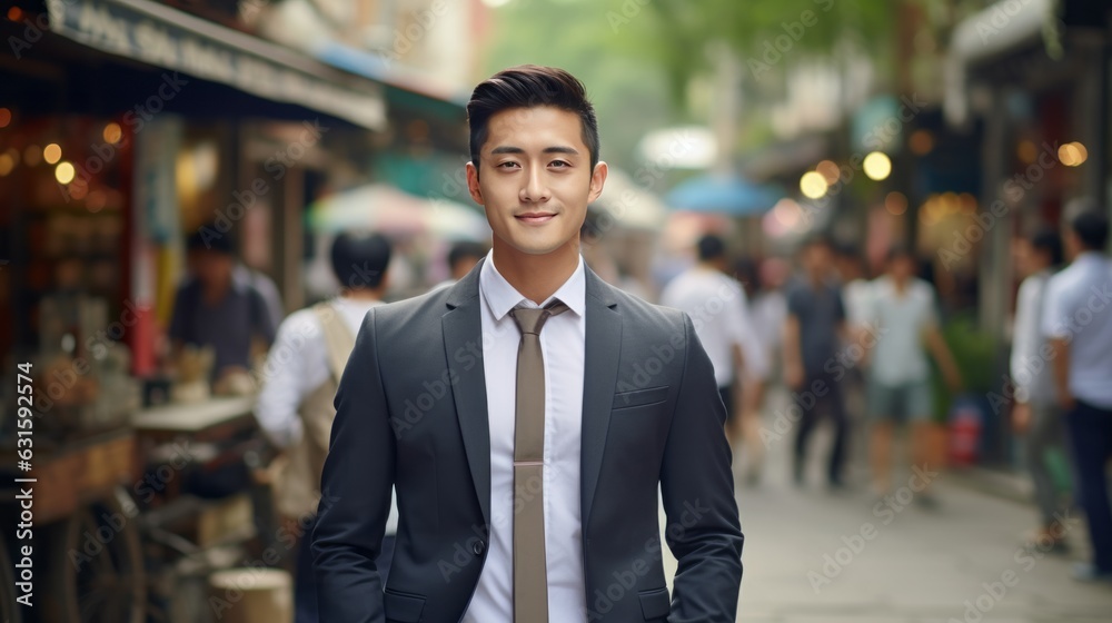 Young smiling professional asian man standing outdoor on street arms crossed and looking at camera Young smiling professional asian man standing outdoor on street arms crossed and looking at camera