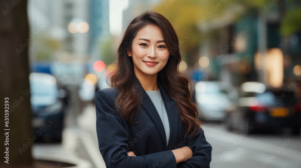 Young smiling professional asian woman standing outdoor on street arms crossed and looking at camera Young smiling professional asian woman standing outdoor on street arms crossed and looking at camera
