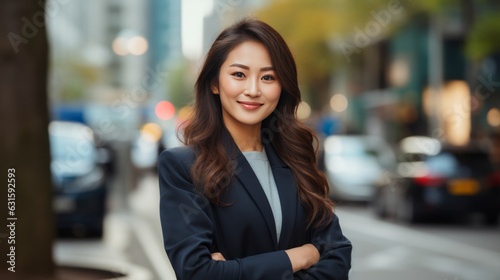Young smiling professional asian woman standing outdoor on street arms crossed and looking at camera